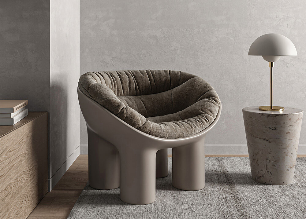 The modular sofa in two versions includes a corner block and two ottomans (Demo)